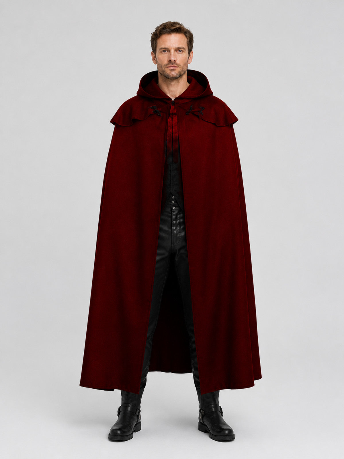 Dark Red Hooded Vampire Cloak for Halloween on-model view