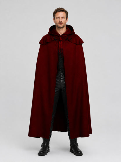 Dark Red Hooded Vampire Cloak for Halloween on-model view