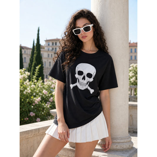 Women's Black Oversized Skull T-Shirt on-model view