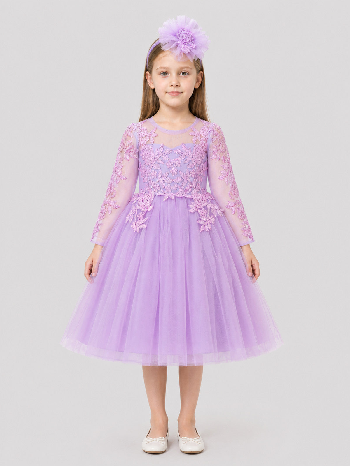Children’s Princess Dress with Embroidery and Floral Headband on-model view