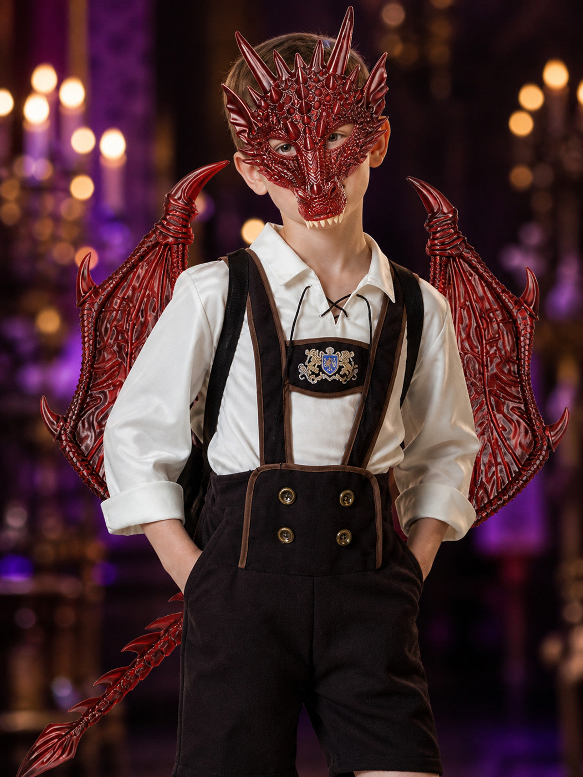 Kids Red Dragon Halloween Costume Set with Mask, Wings and Tail on-model view