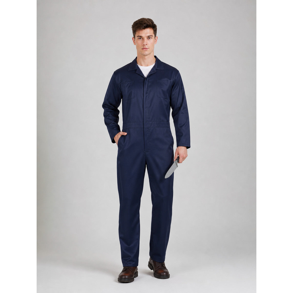 Adult Blue Costume Jumpsuit with Knives on-model view