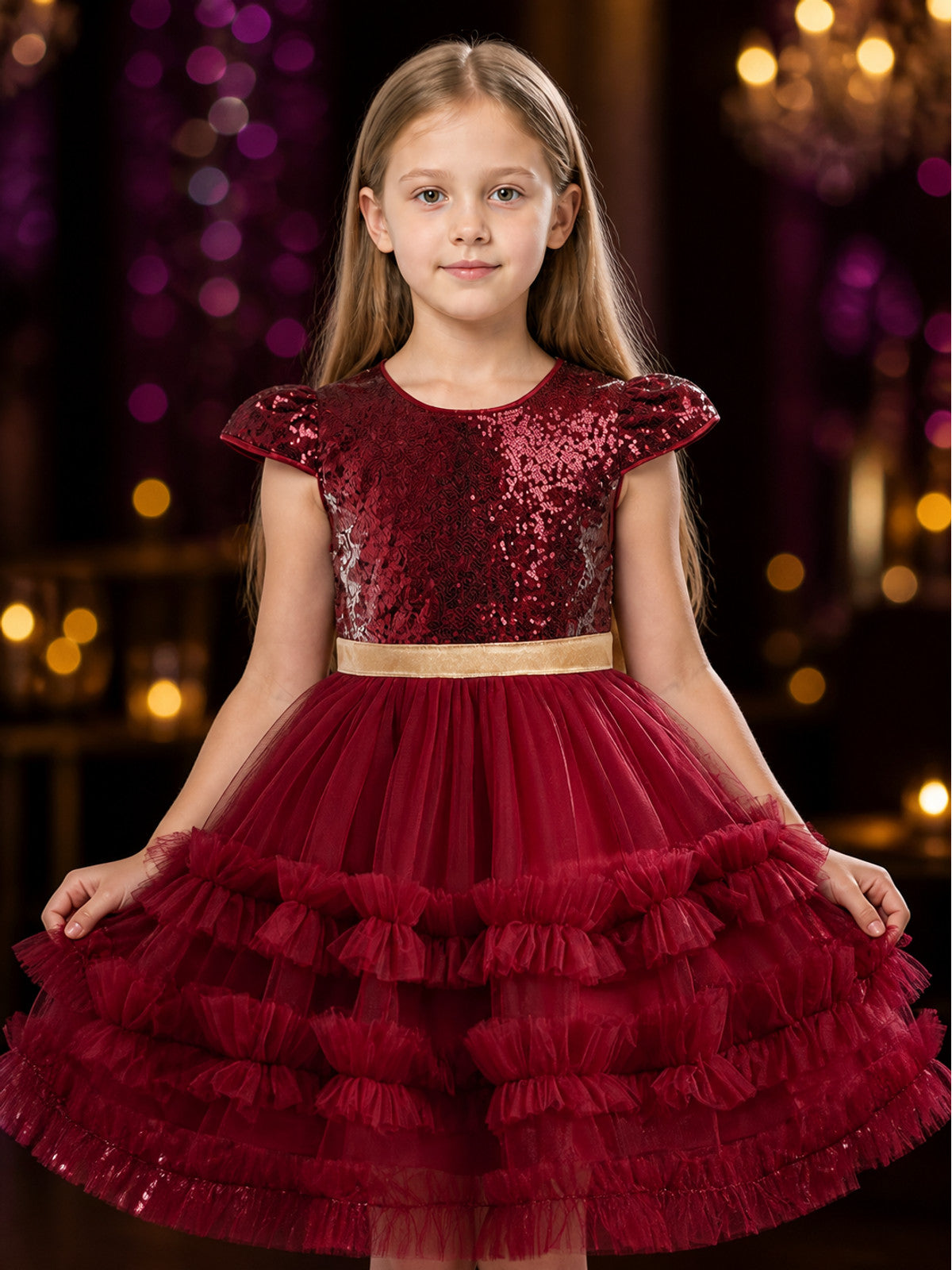 Girls' Dark Red Sequin Princess Dress with Layered Tulle Skirt and Puff Sleeves on-model view