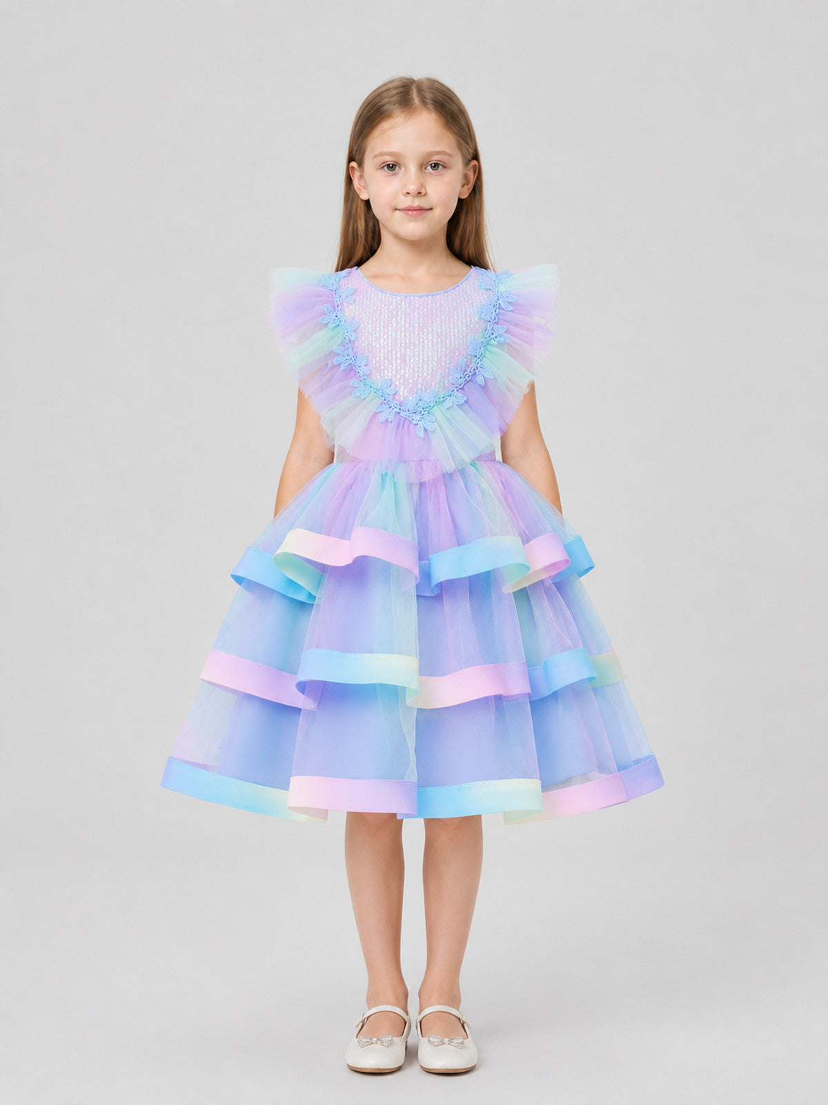 Children's Tulle Tutu Dress with Rainbow Trim on-model view