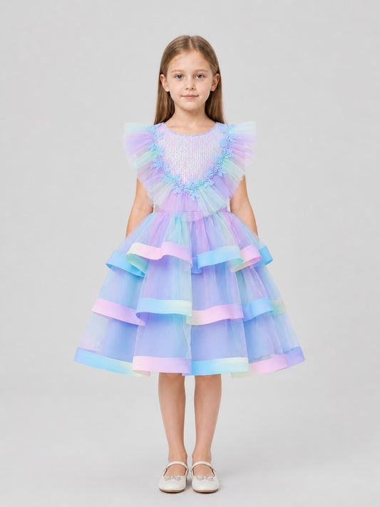 Children's Tulle Tutu Dress with Rainbow Trim on-model view