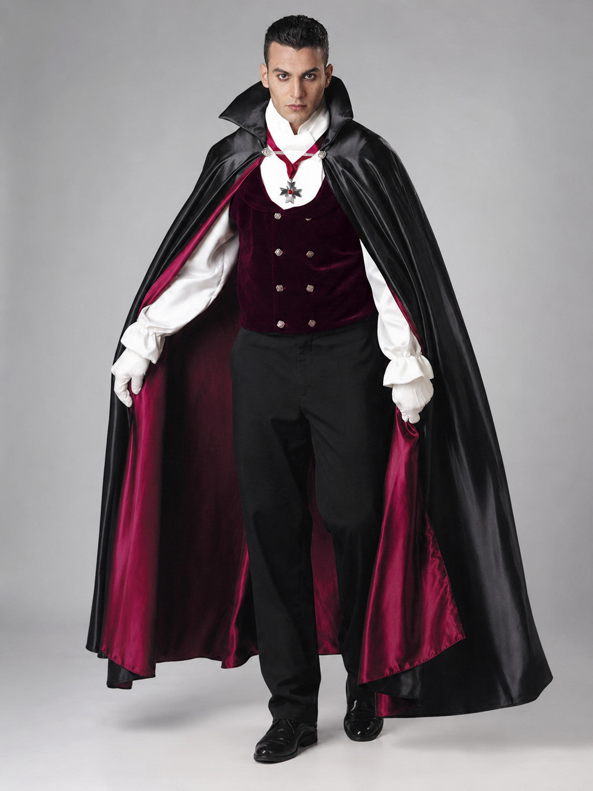 Vampire Costume with Cape and Vest on-model view