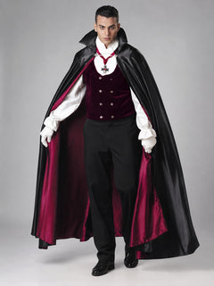 Men's Gothic Vampire Costume – Black Cape with Burgundy Lining, Ruffled Shirt, Double-Breasted Vest & Pants