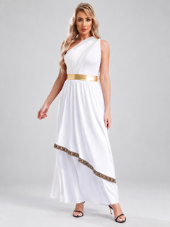 Floor-Length Dress with Asymmetrical Top and Gold Belt