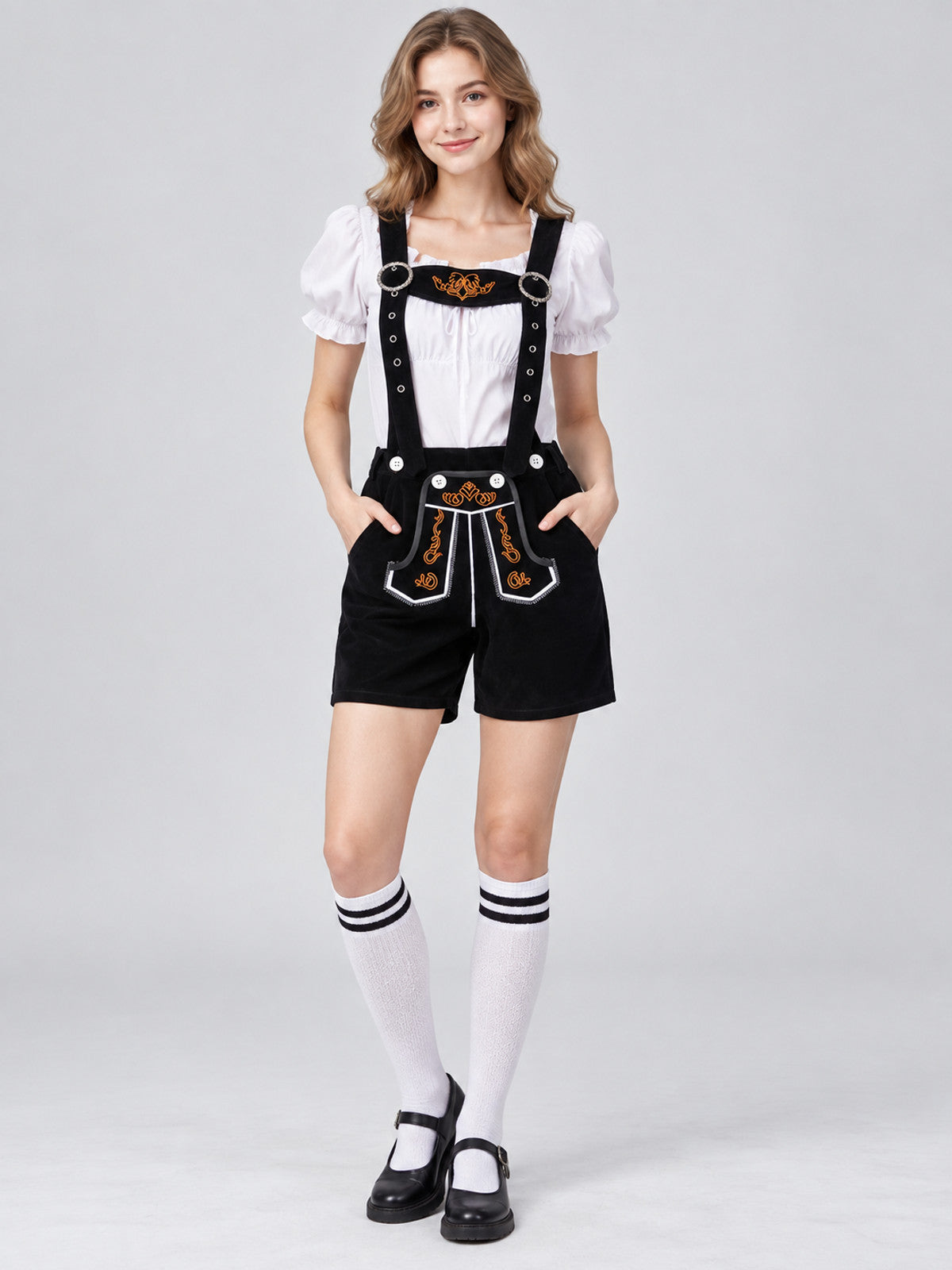 Bavarian shorts with suspenders, black with embroidery and trim