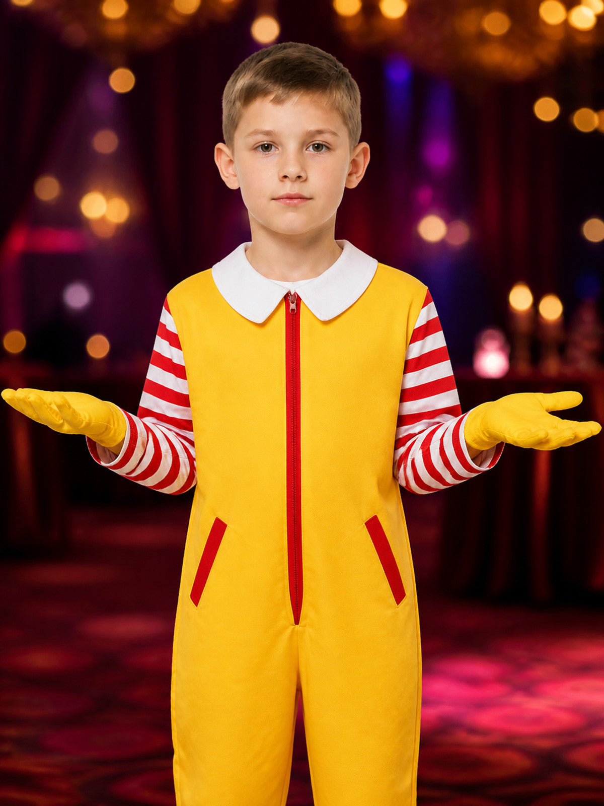 Yellow Clown Jumpsuit Costume, Red And White Striped Sleeves, Halloween Cosplay on-model view