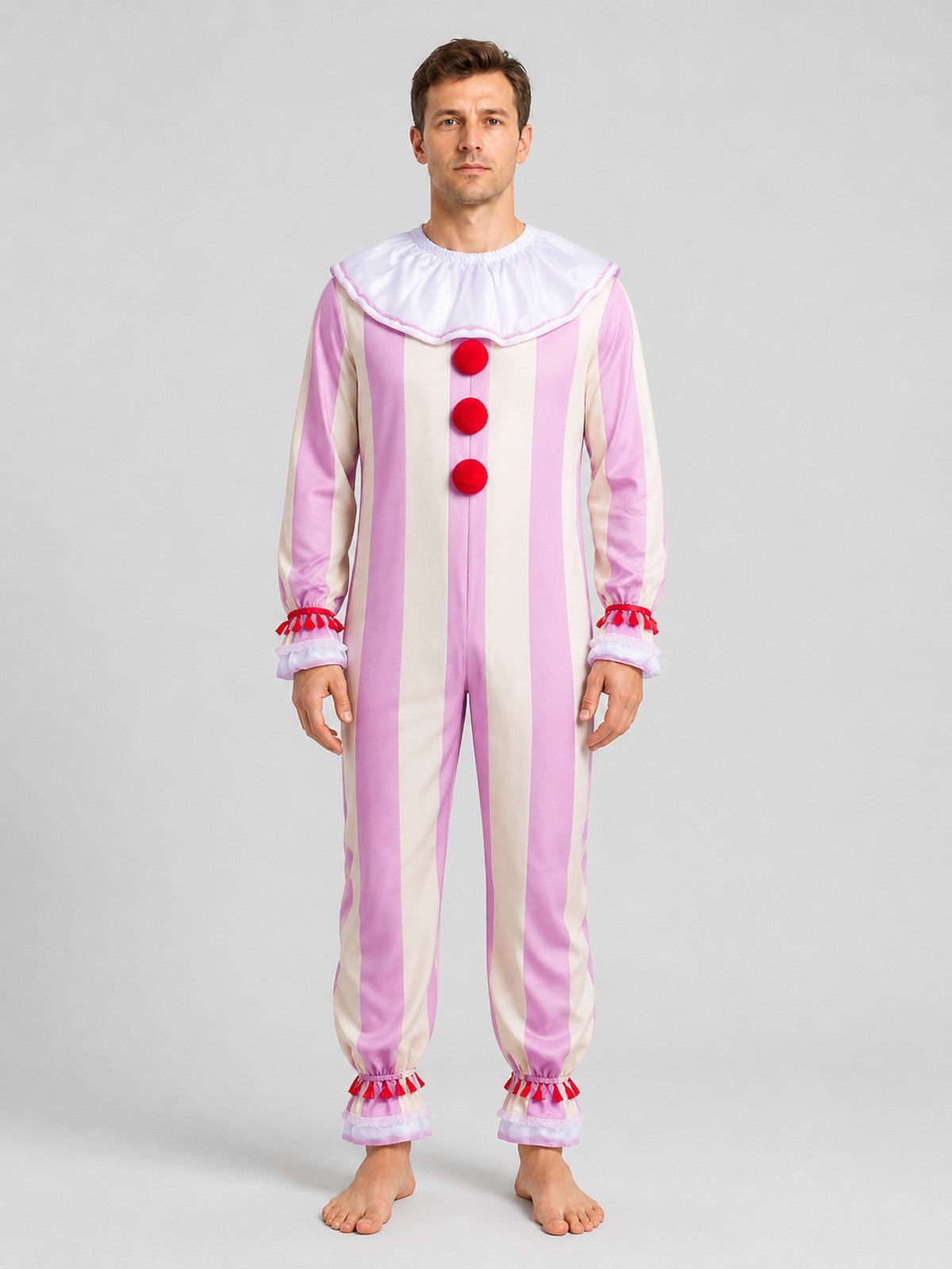 Ingrid Clown Costume, Striped Jumpsuit with Jabot on-model view