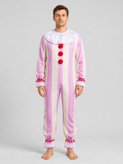 Ingrid Clown Costume, Striped Jumpsuit with Jabot on-model view