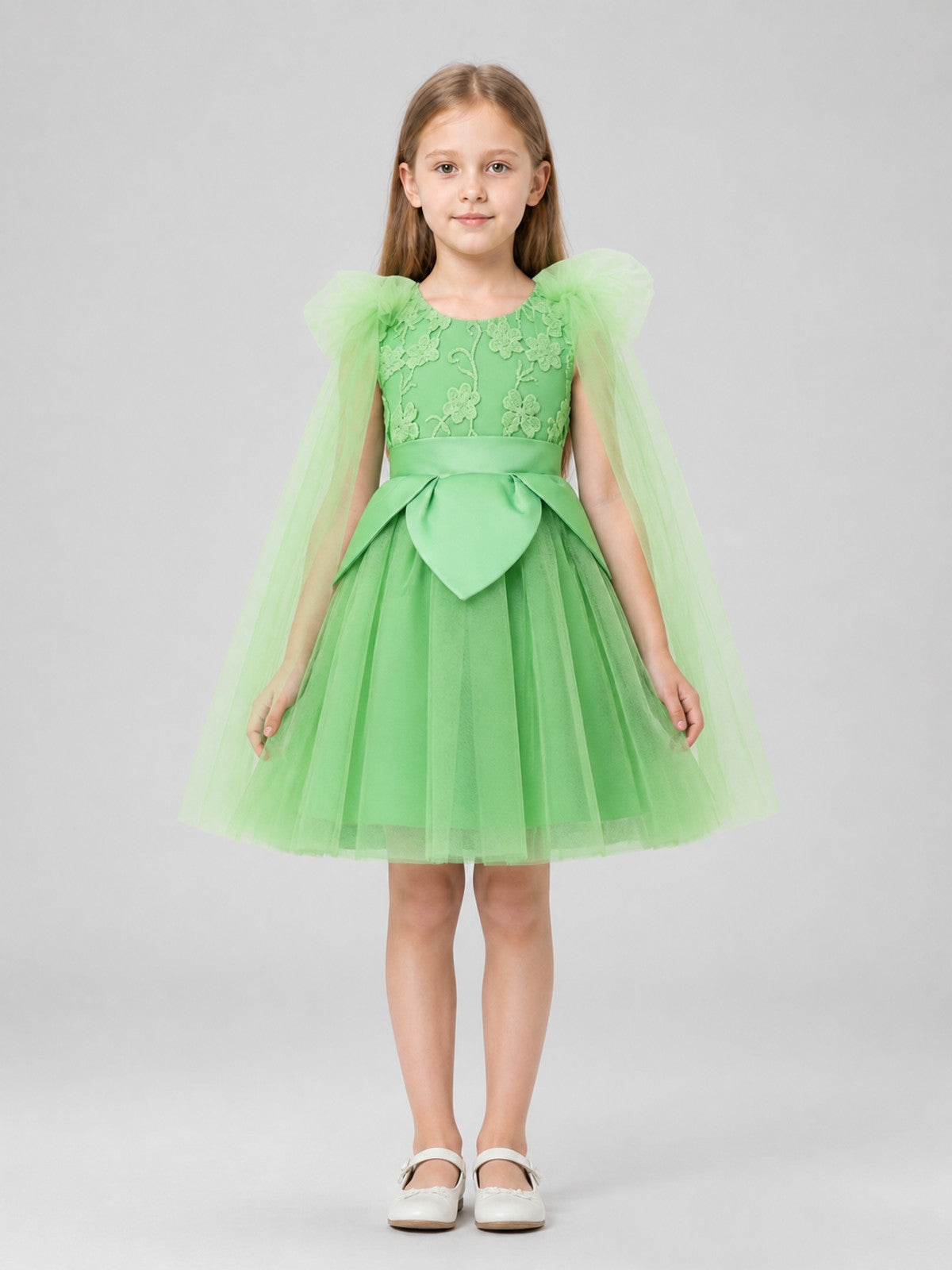 Mint Green Embroidered Princess Dress for Girls on-model view