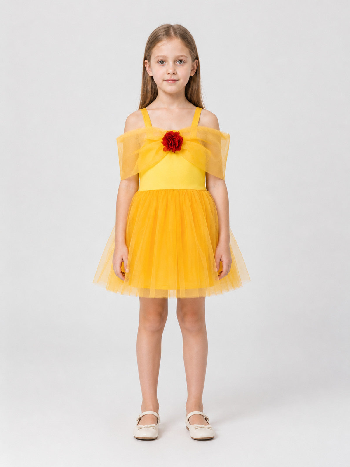 Children's tutu dress, square neckline, flower on-model view