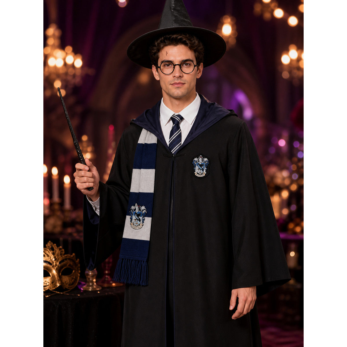 Men's Wizard Costume Set, Hooded Long Robe With Pointed Hat, Glasses, Wand And on-model view