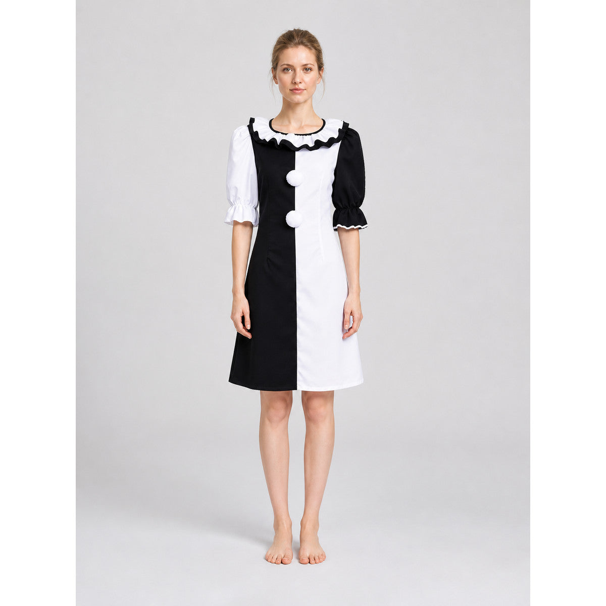 Short Black-and-White Clown Dress with Ruffles on-model view