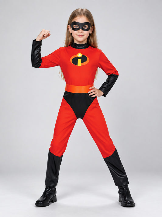 Kids' superhero costume with mask and emblem, red