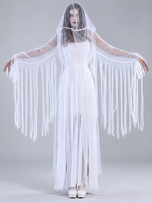 Carnival Costume: White Dress with Veil and Fringe