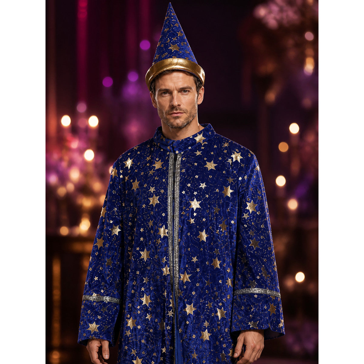 Blue Wizard Robe and Hat Costume Set with Gold Star Moon Print and Silver Trim