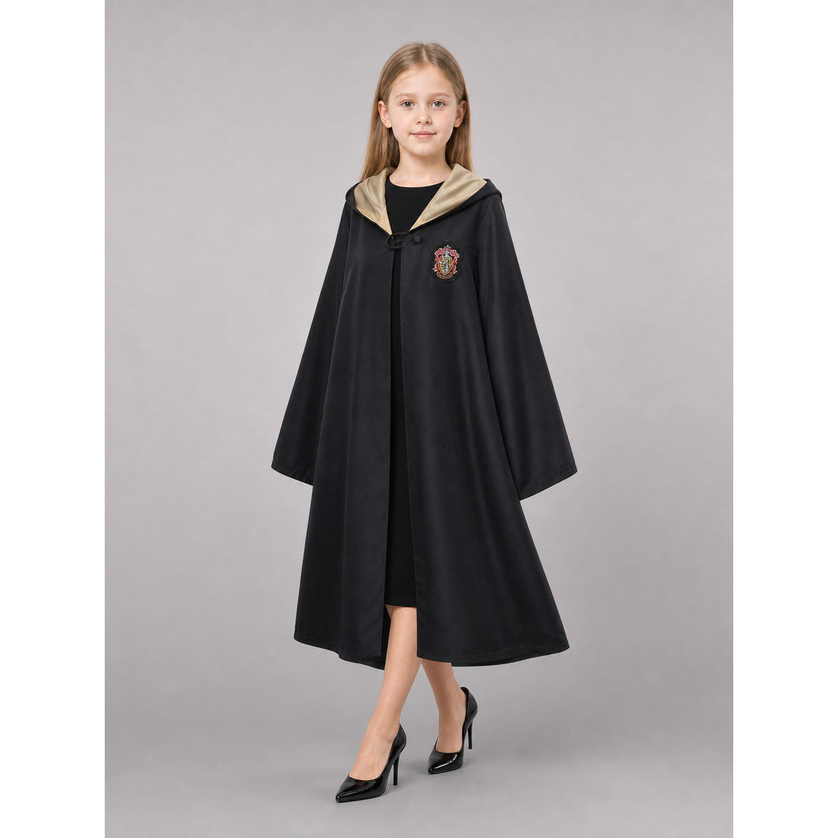 Black costume cloak with hood and accessories front view