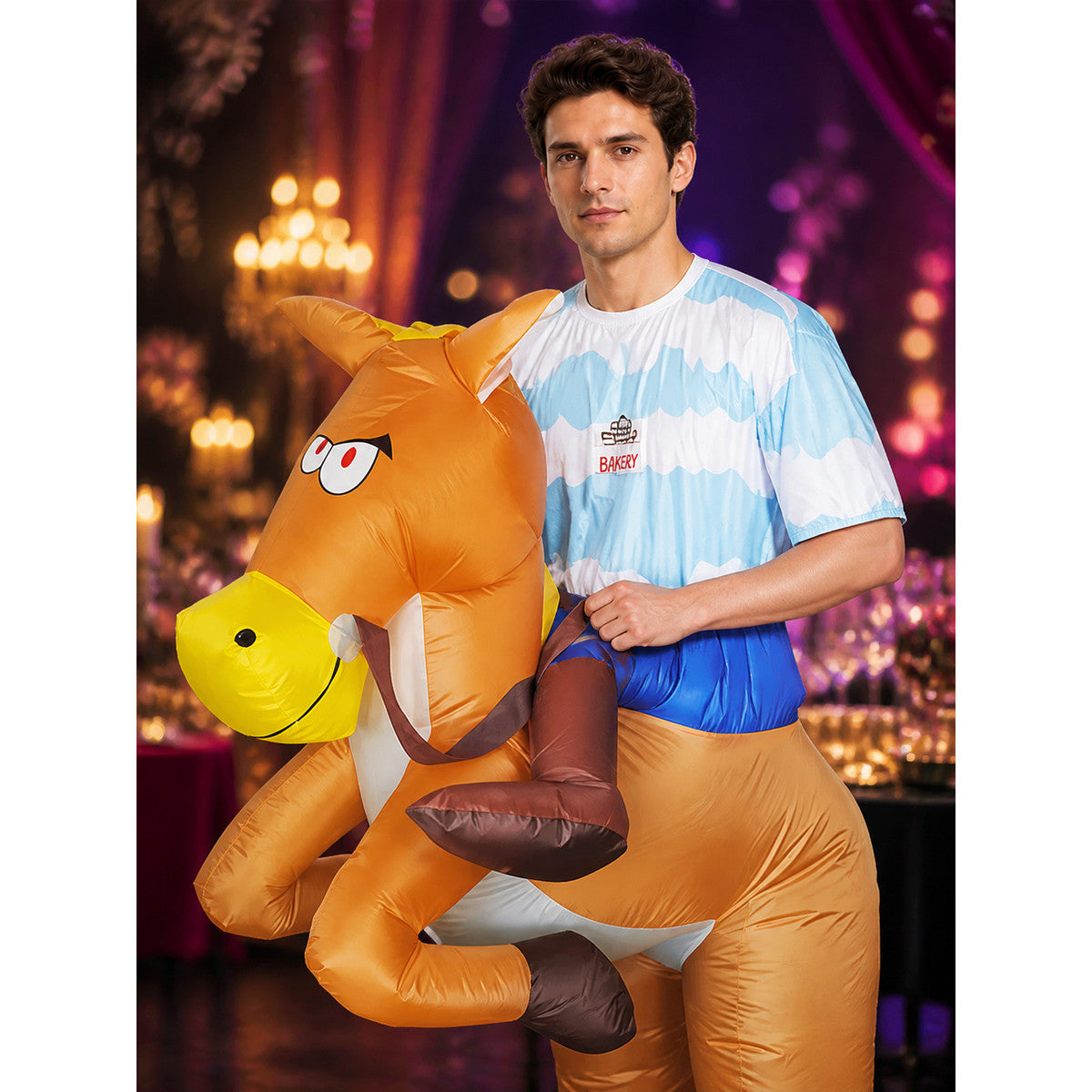 Adult Horse Ride-On Inflatable Costume, Brown One-Piece Halloween Outfit on-model view