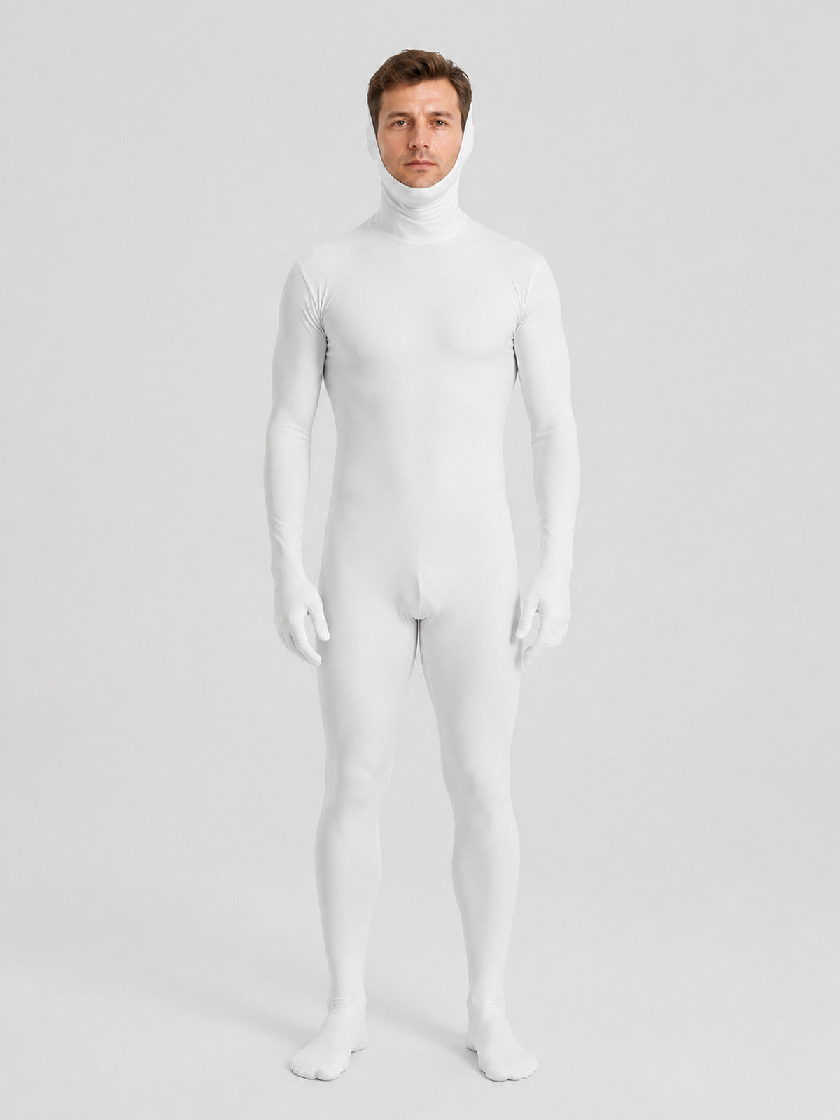 White Form-Fitting Jumpsuit with Hood and Open Face on-model view