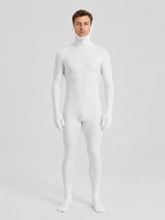 White Form-Fitting Jumpsuit with Hood and Open Face