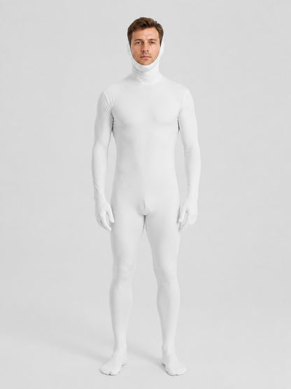 White Form-Fitting Jumpsuit with Hood and Open Face on-model view