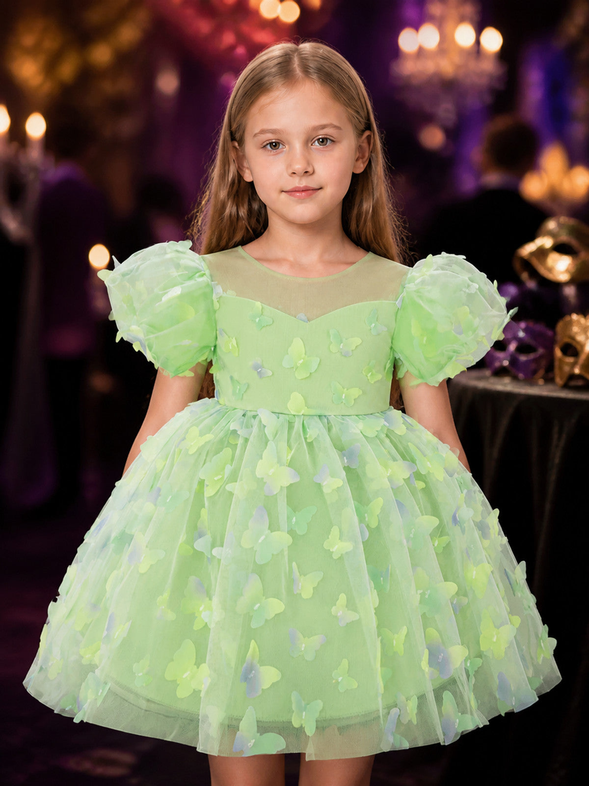Toddler Girls' Butterfly Princess Dress with Puff Sleeves and Tulle Skirt on-model view
