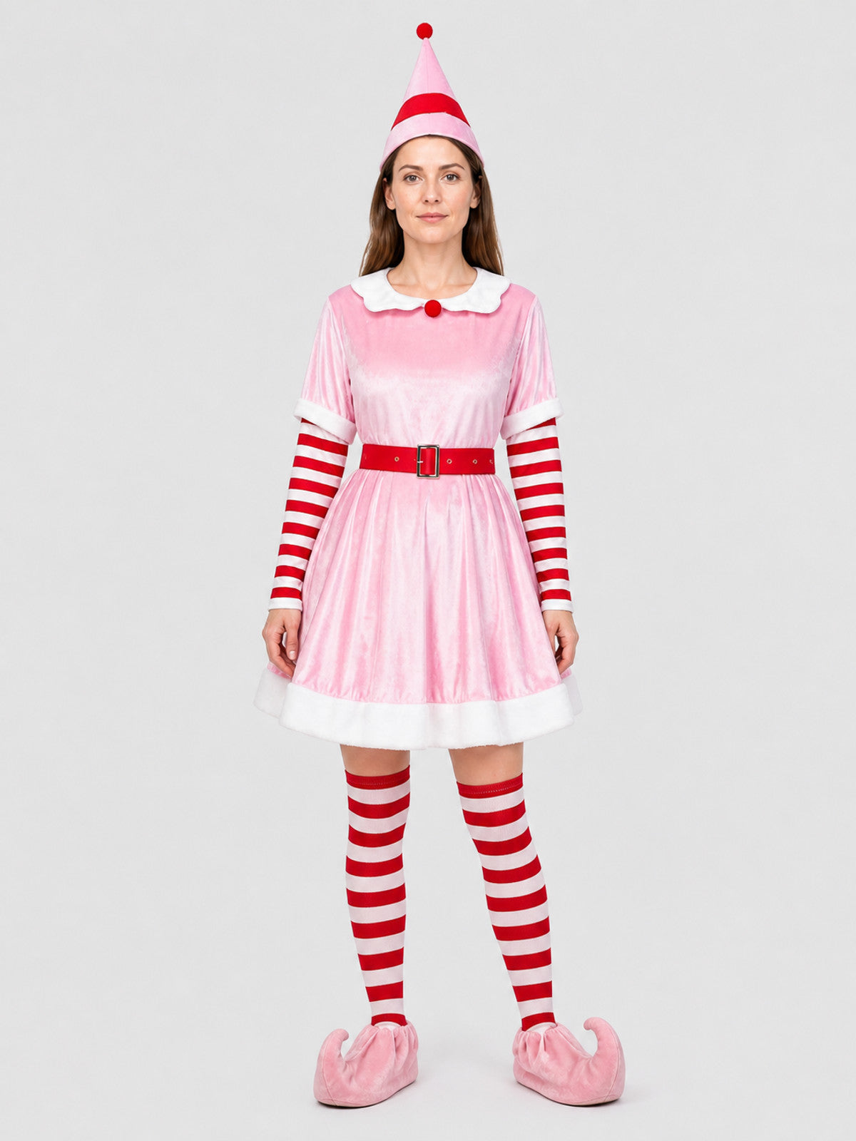 Christmas Elf Costume with Dress, Hat, and Leg Warmers on-model view