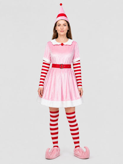 Christmas Elf Costume with Dress, Hat, and Leg Warmers on-model view