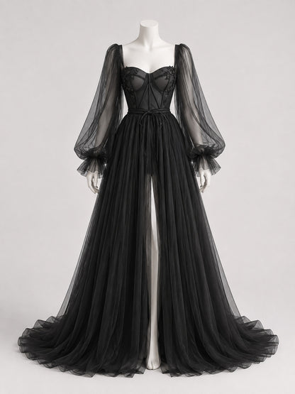 Black Floor-Length Evening Dress with a Corset Bodice
