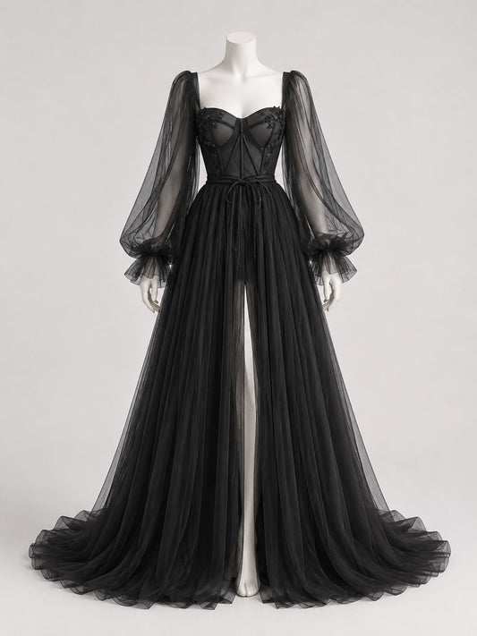 Black Floor-Length Evening Dress with a Corset Bodice on-model front view