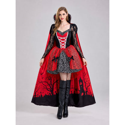 The dress is designed in a gothic style and combines a red-and-black color front view