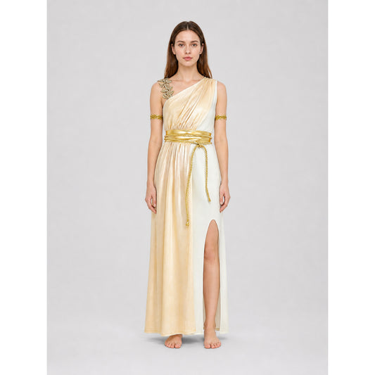Ancient Greece Costume, White and Gold Robe for Halloween on-model view