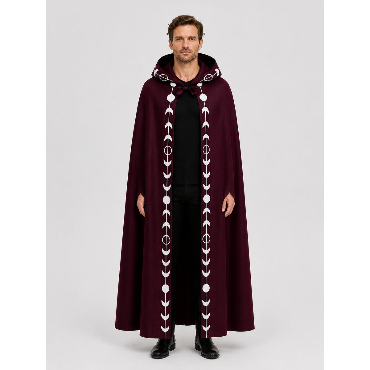Halloween: Red Hooded Cloak of Death with Moon Pattern on-model view