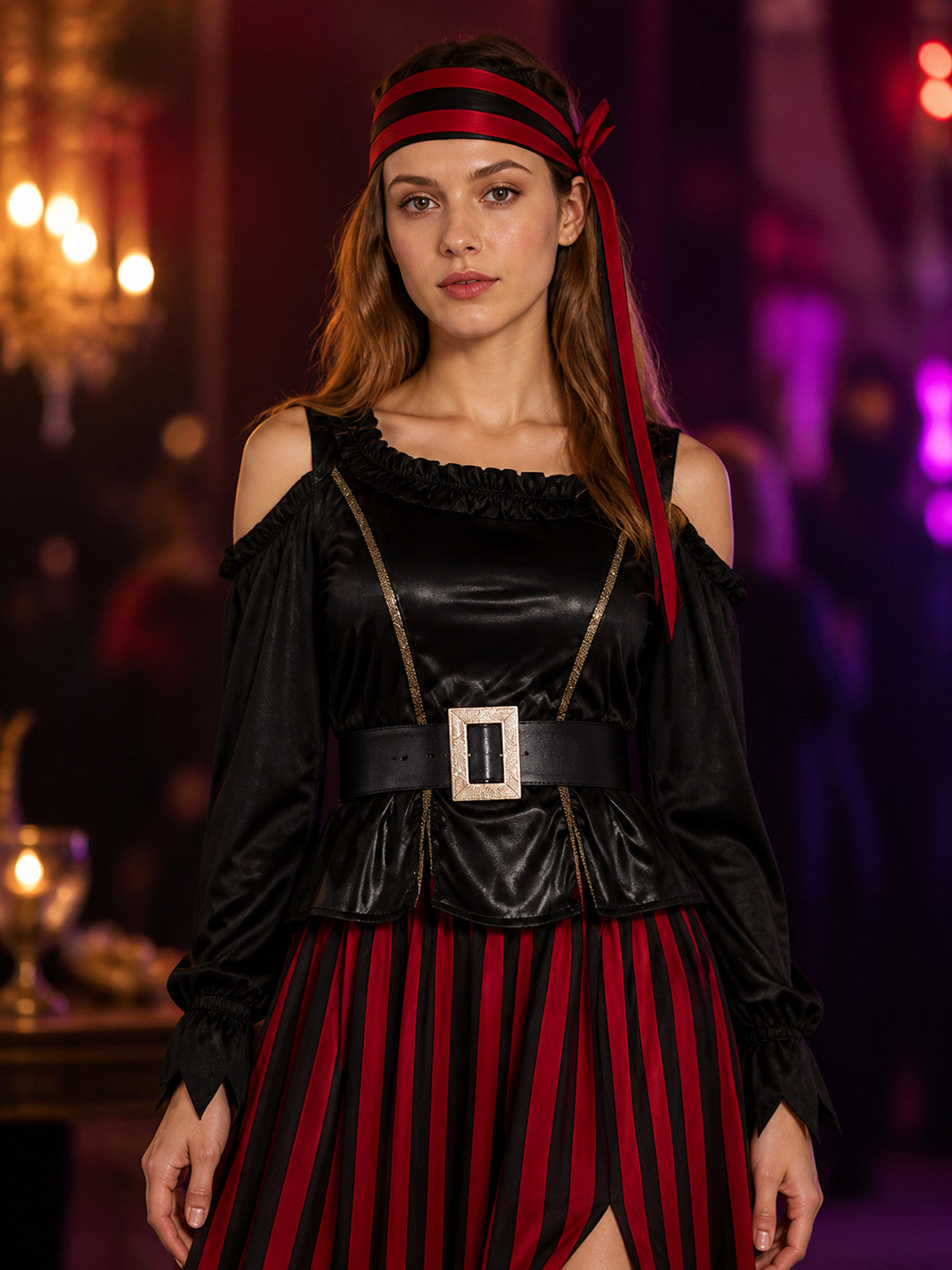 Women's Pirate Costume Set, Red Black Striped Dress with Asymmetric Hem, Belt on-model view
