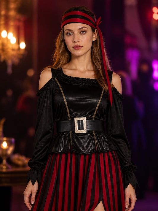 Women's Pirate Costume Set, Red Black Striped Dress with Asymmetric Hem, Belt on-model view
