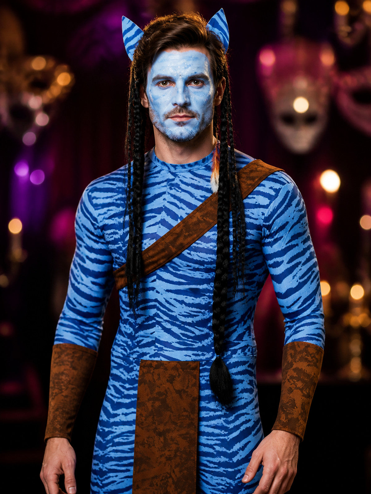 Blue Striped Alien Bodysuit Costume with Brown Panels for Adults Halloween on-model view