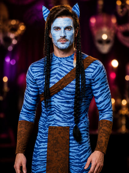 Blue Striped Alien Bodysuit Costume with Brown Panels for Adults Halloween on-model view