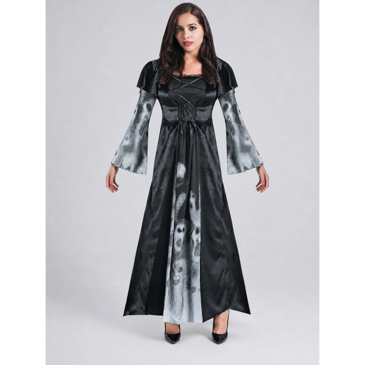This costume dress for a Halloween look is designed in a gray-and-black color scheme. The dress features a distinctive ghost-face pattern positioned on the lower and middle sections of the garment, complemented by fabric inserts with a gray