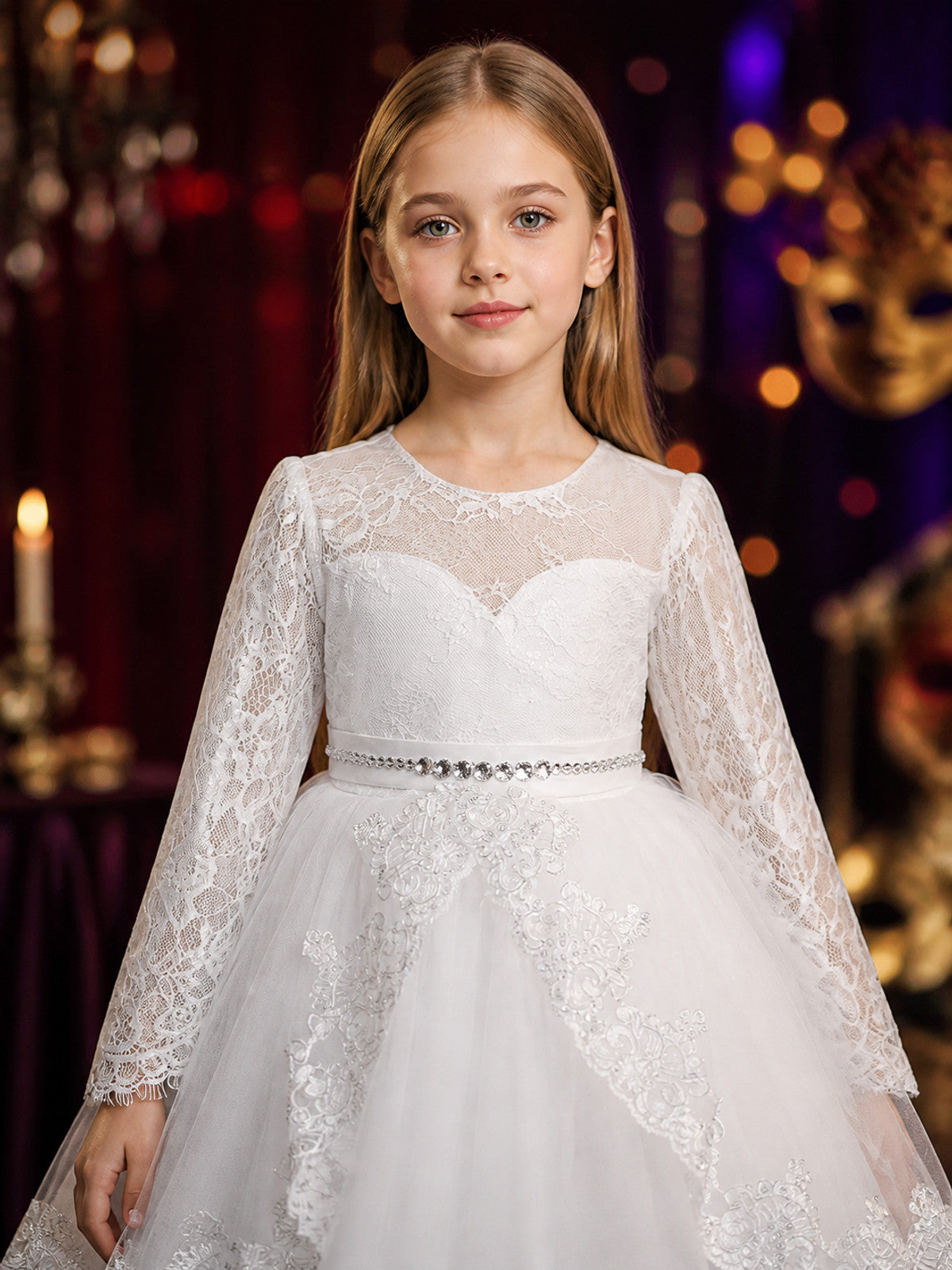 Girls' White Princess Dress, Long Sleeve Lace Tulle Party Formal Gown on-model view