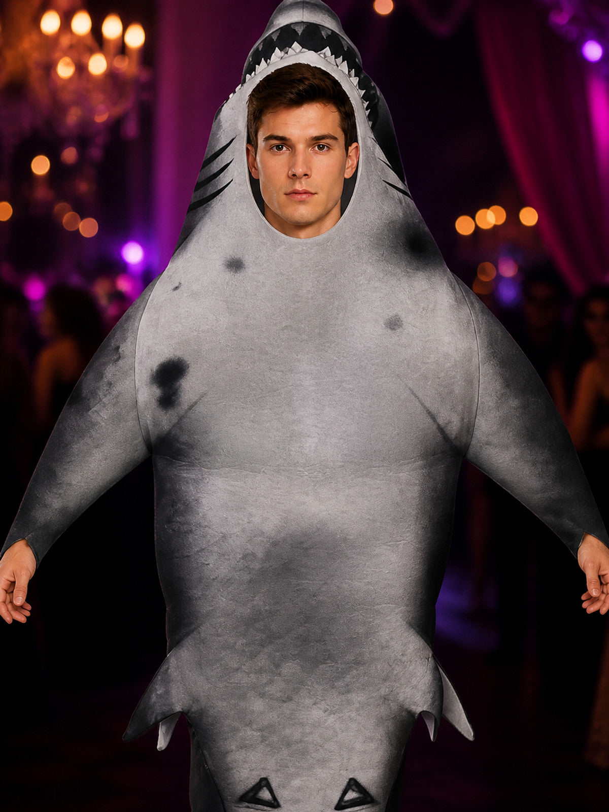 Unisex Inflatable Shark Jumpsuit Costume, Gray Full-Body Halloween Outfit on-model view