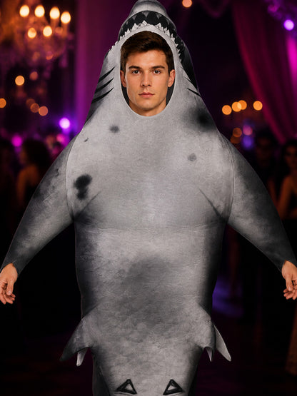 Unisex Inflatable Shark Jumpsuit Costume, Gray Full-Body Halloween Outfit on-model view