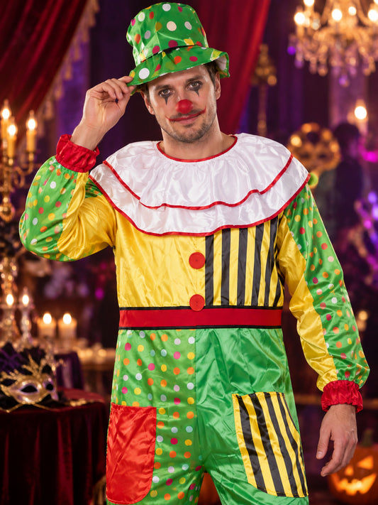 Clown Costume: Jumpsuit and Hat with Pom-Pom, Polyester
