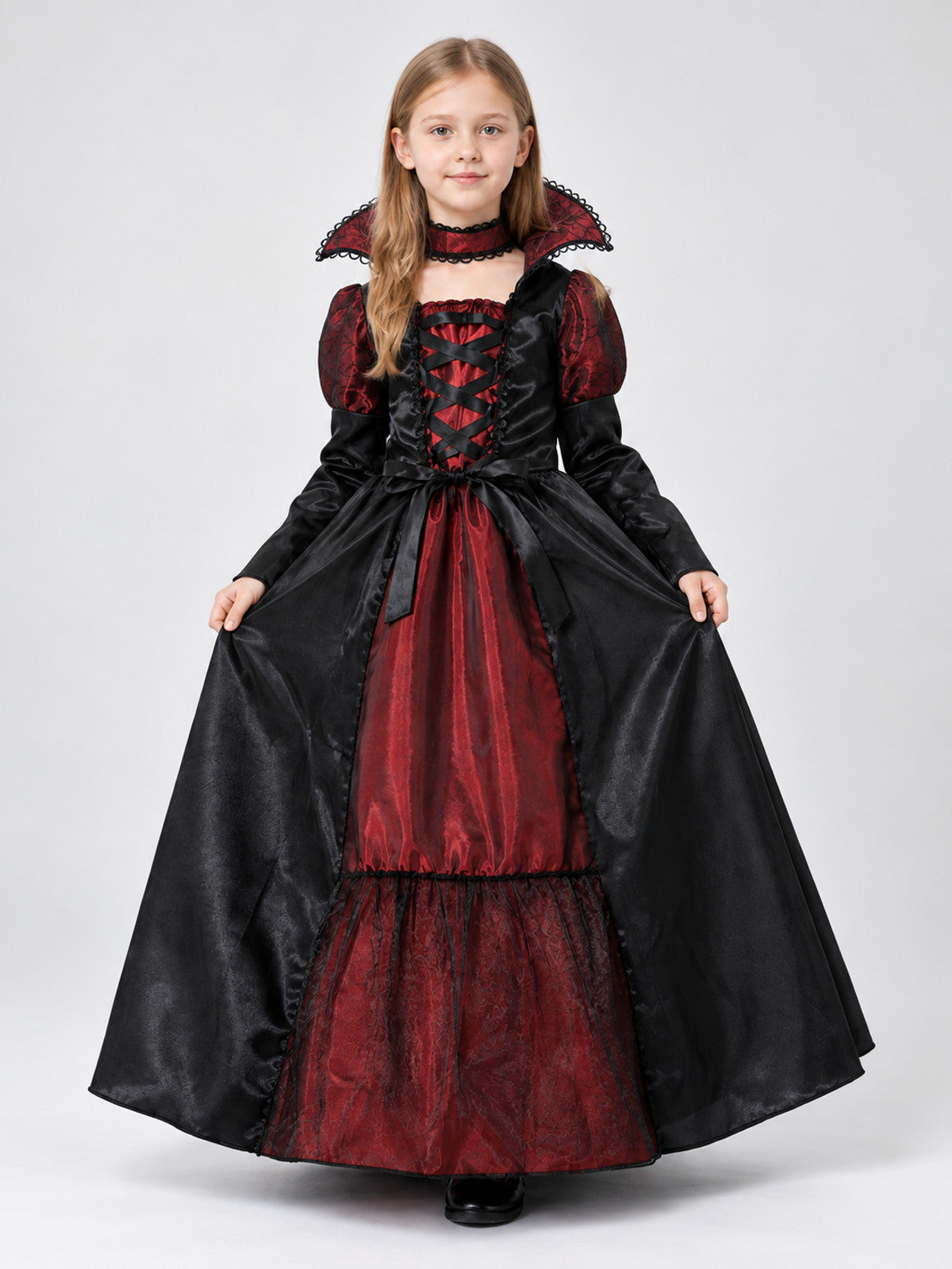Kids' carnival costume with a puffy skirt, black and burgundy