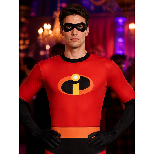 Red Black Superhero Bodysuit Costume with Mask for Halloween Cosplay on-model view