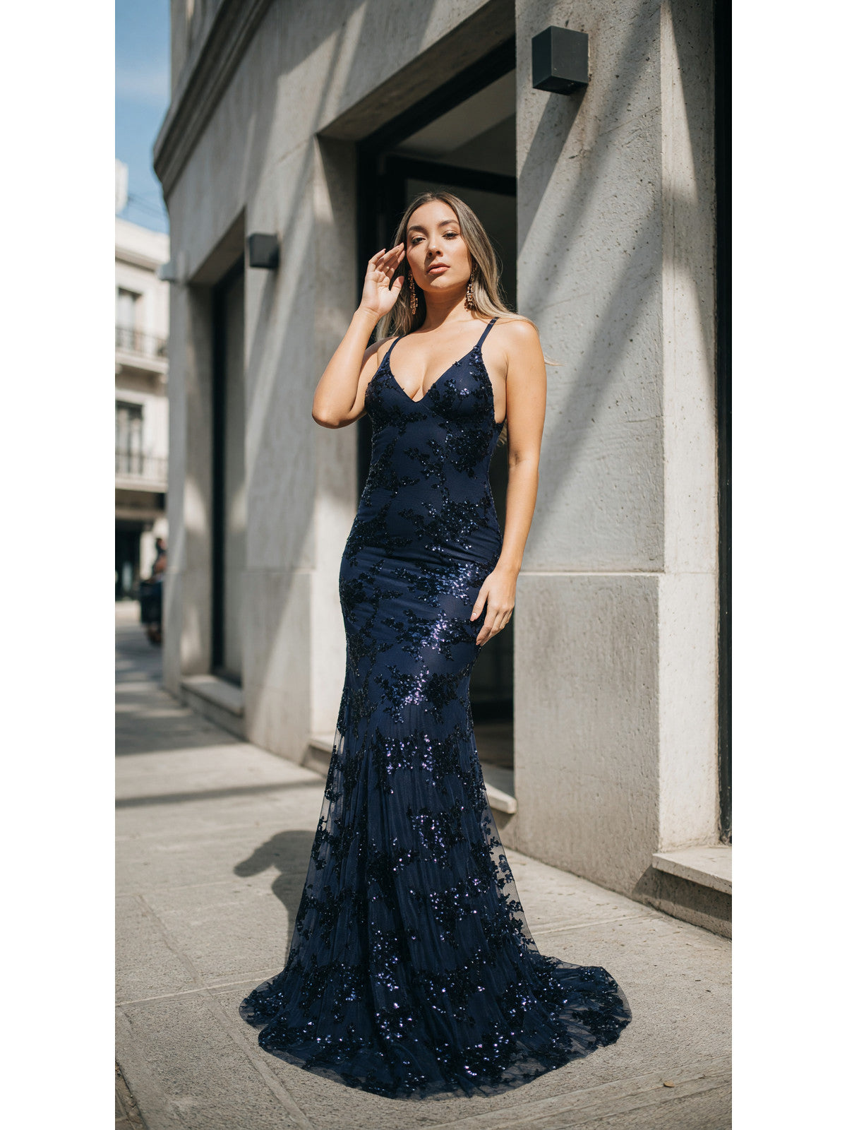 Women's Long Sequin Dress with a Deep V-Neckline main product view