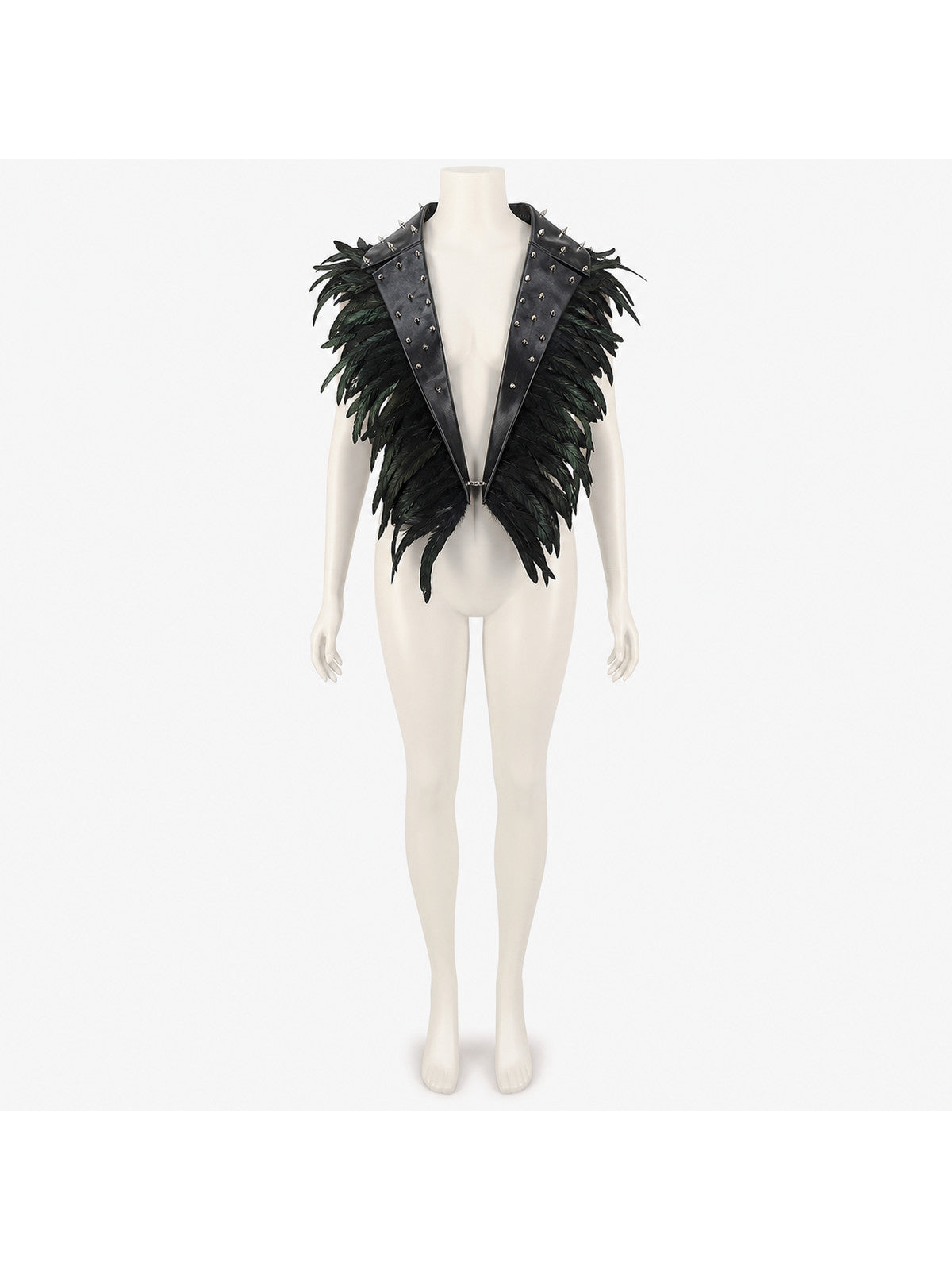 Black feathered cape collar on a full-body mannequin, with pointed leather lapels, metal studs and a central chain