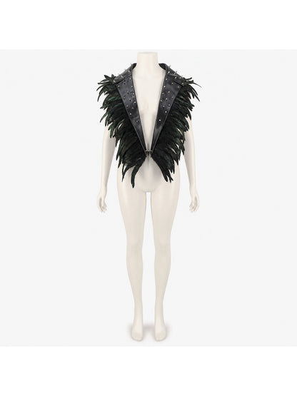 Black feathered cape collar on a full-body mannequin, with pointed leather lapels, metal studs and a central chain